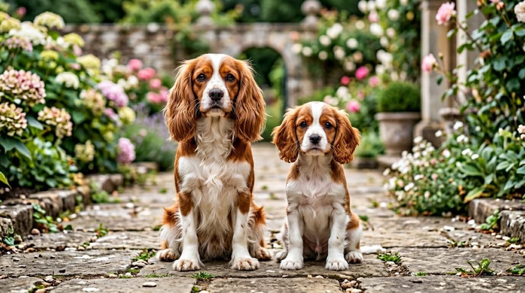 Adult Cockalier dog sitting beside a Cockalier puppy on a stone garden path, both facing forward with chestnut and white coats in a soft English garden setting.