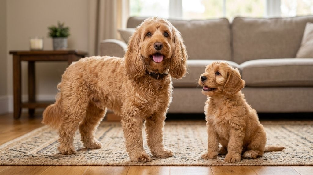 Apricot Cockapoo standing on a rug next to a Cockapoo puppy in a cosy living room, both with curly coats and cheerful, open-mouthed expressions.