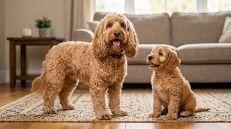 Apricot Cockapoo standing on a rug next to a Cockapoo puppy in a cosy living room, both with curly coats and cheerful, open-mouthed expressions.