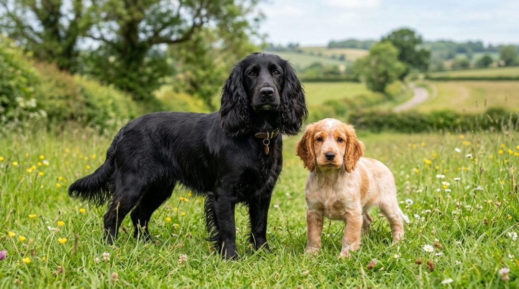 Adult black Cocker Spaniel standing in a meadow with a golden Cocker Spaniel puppy.