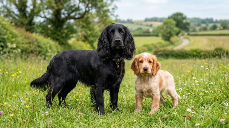 Adult black Cocker Spaniel standing in a meadow with a golden Cocker Spaniel puppy.
