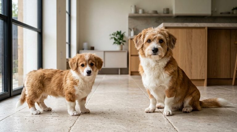 Adult Corgipoo sitting beside a young Corgipoo puppy in a modern kitchen interior.