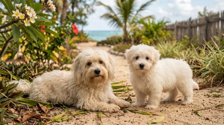 Adult Coton de Tuléar lying beside a Coton de Tuléar puppy in a tropical coastal garden, showing the breed's soft cotton-like white coat, dark expressive eyes and cheerful companion-dog character.