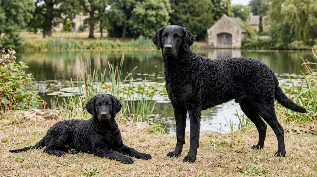 Adult black Curly-Coated Retriever standing beside a young puppy by an English estate lake.