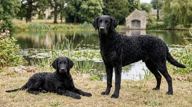 Adult black Curly-Coated Retriever standing beside a young puppy by an English estate lake.