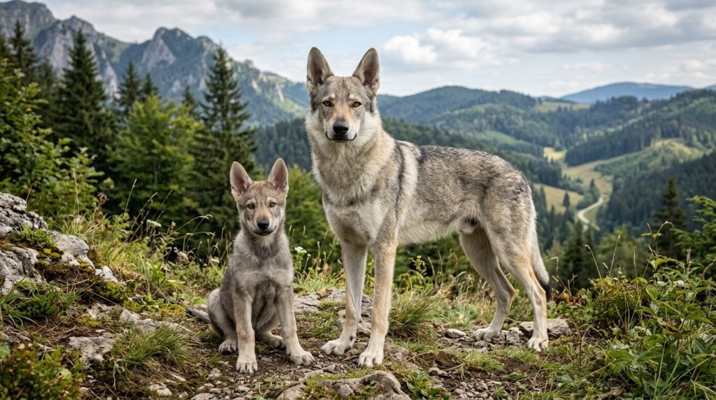 Adult Czechoslovakian Vlcak and Vlcak puppy standing together in a mountain landscape with wolf-grey coats, amber eyes and athletic wolf-like build.
