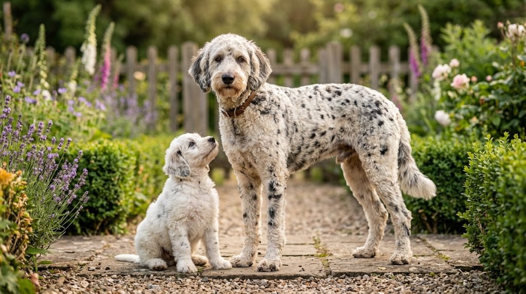 Adult Dalmadoodle dog with black Dalmatian-style spots and a curly coat standing beside a fluffy Dalmadoodle puppy in a landscaped countryside garden pathway.