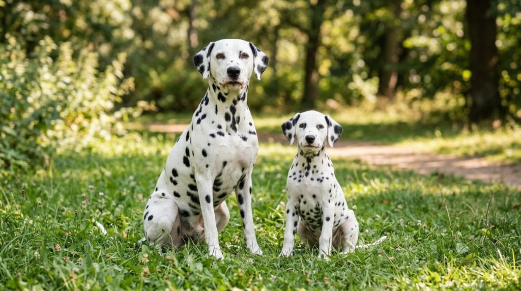 Adult Dalmatian sitting next to a Dalmatian puppy in a green park environment.