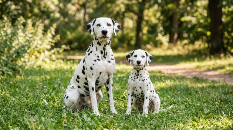 Adult Dalmatian sitting next to a Dalmatian puppy in a green park environment.