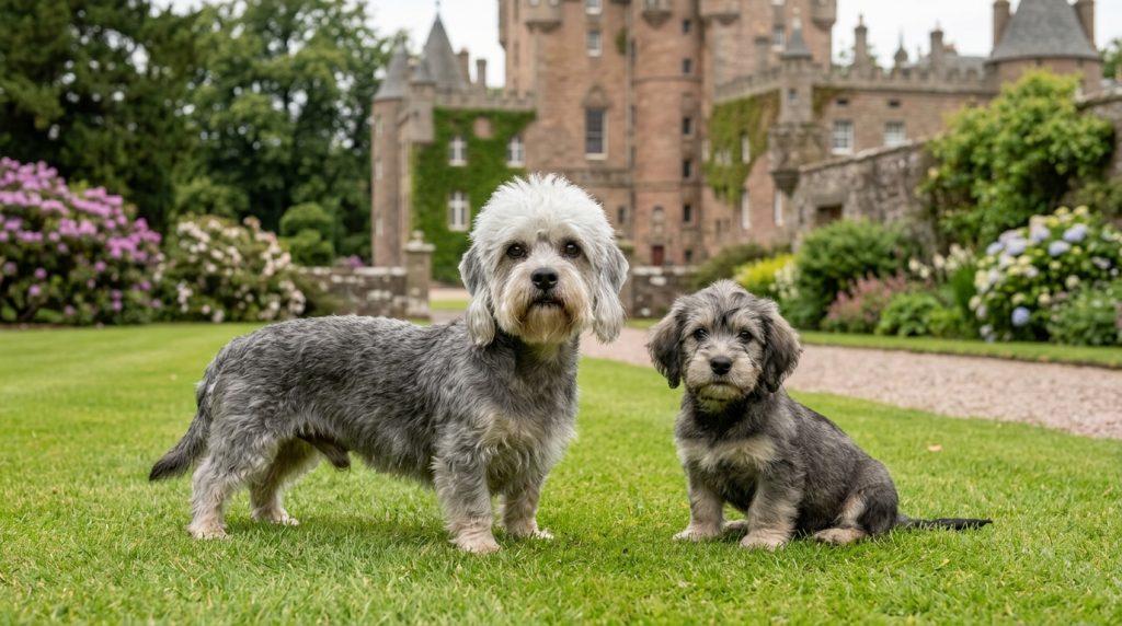 Adult Dandie Dinmont Terrier standing beside a Dandie Dinmont Terrier puppy in the grounds of a historic Scottish estate, showing the breed's distinctive long body, short legs, soft topknot and pepper-coloured coat.
