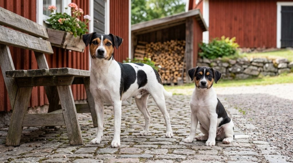 Adult Danish-Swedish Farmdog standing beside a Danish-Swedish Farmdog puppy in a traditional Scandinavian farm courtyard with red wooden barns and cobblestone paving.