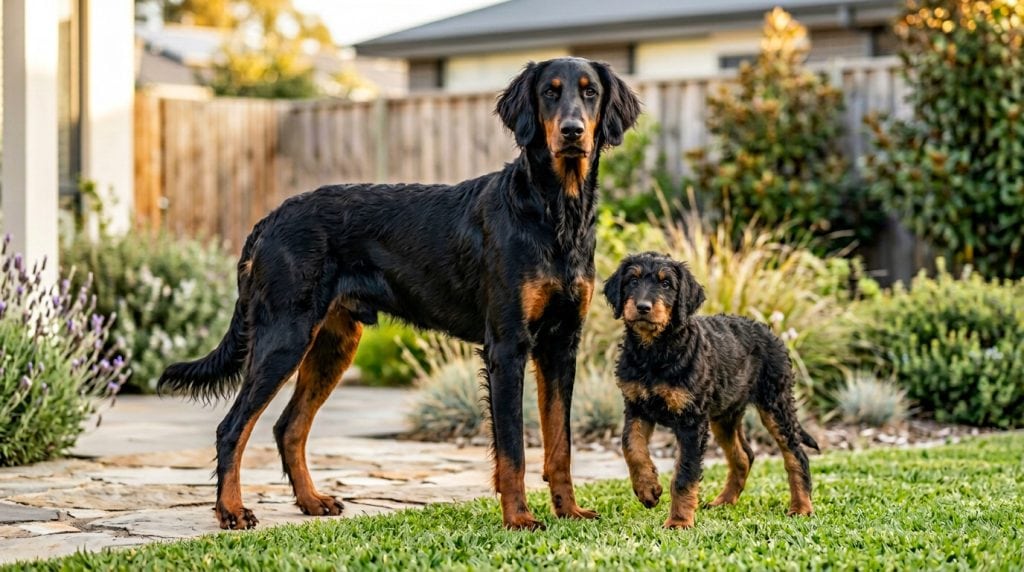 Adult black and tan Doberdoodle standing beside a Doberdoodle puppy with a lightly wavy coat in a modern landscaped garden, both looking towards the camera in soft golden-hour light.