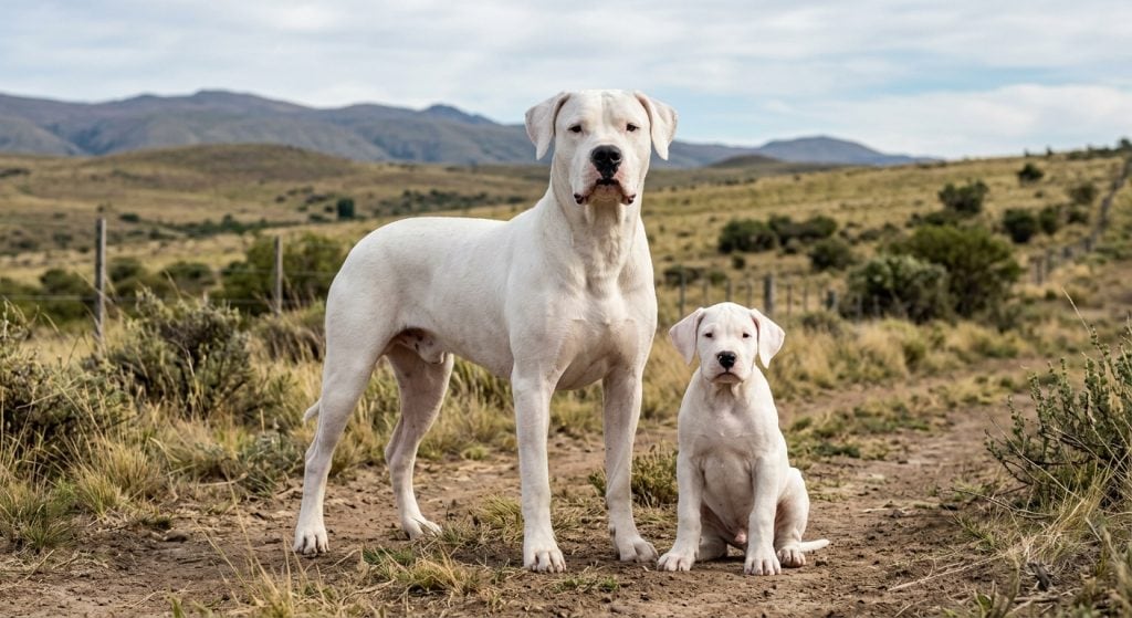 Adult Dogo Argentino and Dogo Argentino puppy in the Argentine countryside with a muscular athletic build, pure white coat and natural ears.