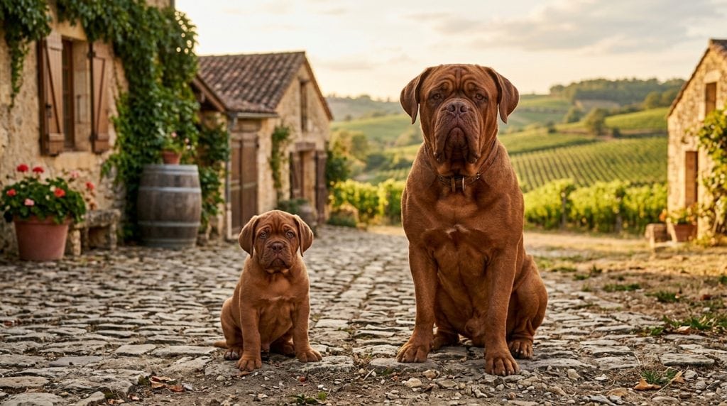 Dogue de Bordeaux adult dog and puppy sitting on a cobblestone path in a French vineyard village, showing a muscular build, wrinkled face, and rich reddish-brown coat.