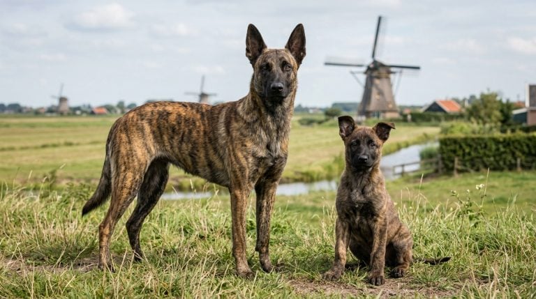 Adult Dutch Shepherd and Dutch Shepherd puppy sitting together in the Dutch countryside, showing the breed's distinctive brindle coat, athletic build and alert expression with traditional windmills in the background.