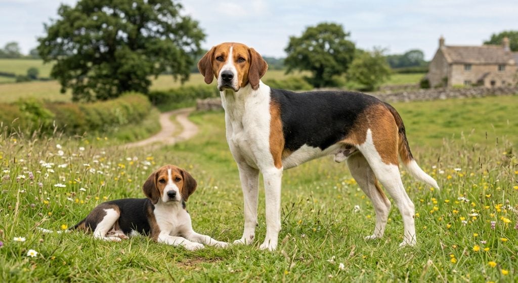 Adult English Foxhound standing beside an English Foxhound puppy in the English countryside, showing the breed's athletic build, tri-colour coat and classic scent hound appearance.