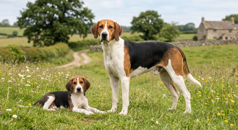 Adult English Foxhound standing beside an English Foxhound puppy in the English countryside, showing the breed's athletic build, tri-colour coat and classic scent hound appearance.