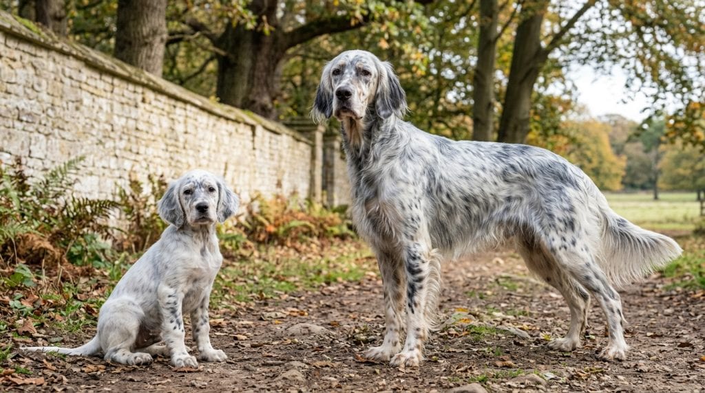 Adult blue-belton English Setter standing beside a young puppy on an English woodland path.