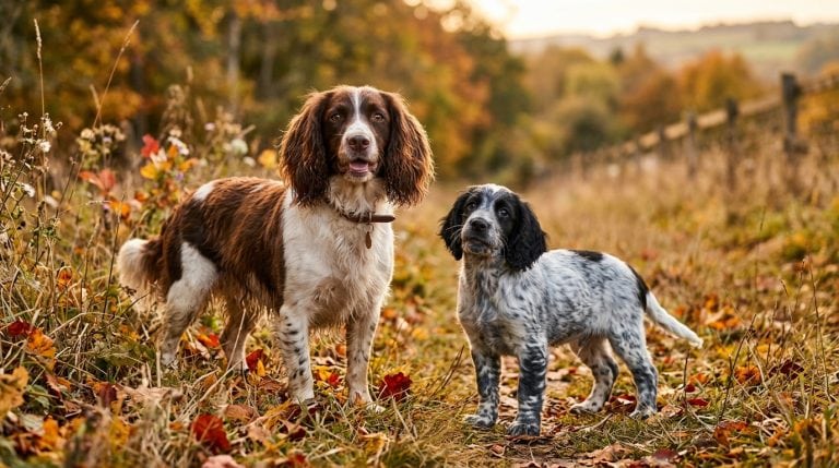 Adult English Springer Spaniel sitting on grass beside a Springer Spaniel puppy.