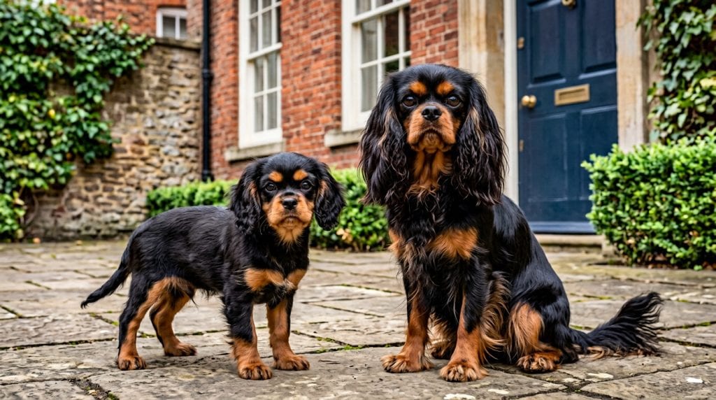 Adult black-and-tan English Toy Spaniel sitting beside a young puppy in a traditional English courtyard.