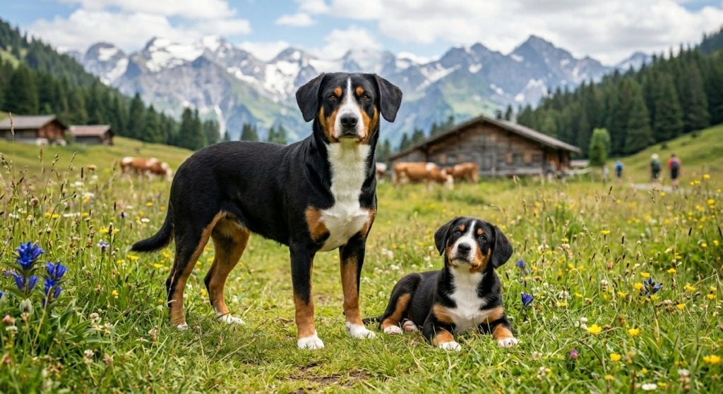 Adult Entlebucher Mountain Dog standing beside an Entlebucher Mountain Dog puppy in a Swiss alpine meadow, showcasing the breed's athletic build, short tri-colour coat and working-dog heritage.