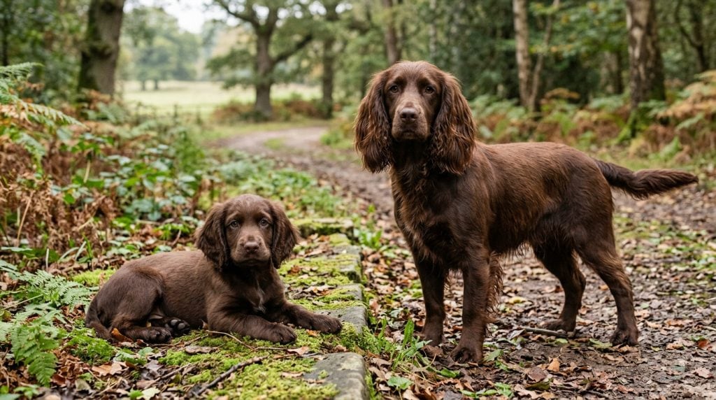 Adult liver Field Spaniel standing beside a young puppy on a woodland estate track.