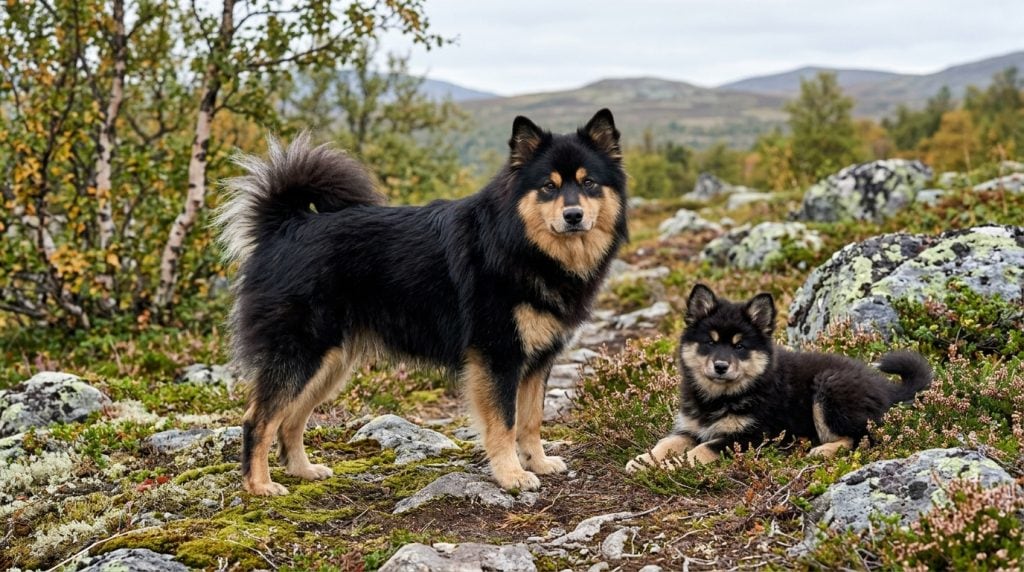Adult Finnish Lapphund and Finnish Lapphund puppy in a Lapland landscape with Arctic birch woodland and lichen-covered rocks, showcasing the breed's thick double coat and curled tail.