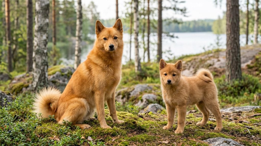 Adult Finnish Spitz sitting beside a young golden-red puppy in Finnish lakeside woodland.