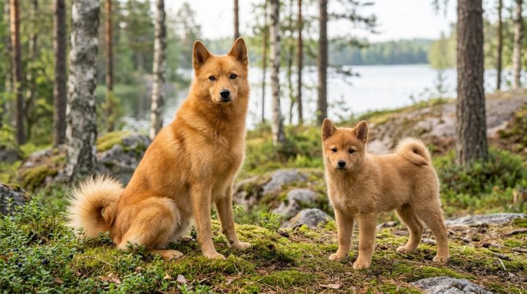 Adult Finnish Spitz sitting beside a young golden-red puppy in Finnish lakeside woodland.