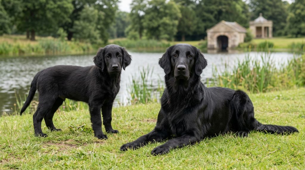 Adult black Flat-Coated Retriever reclining beside a young puppy on the bank of an English estate lake.