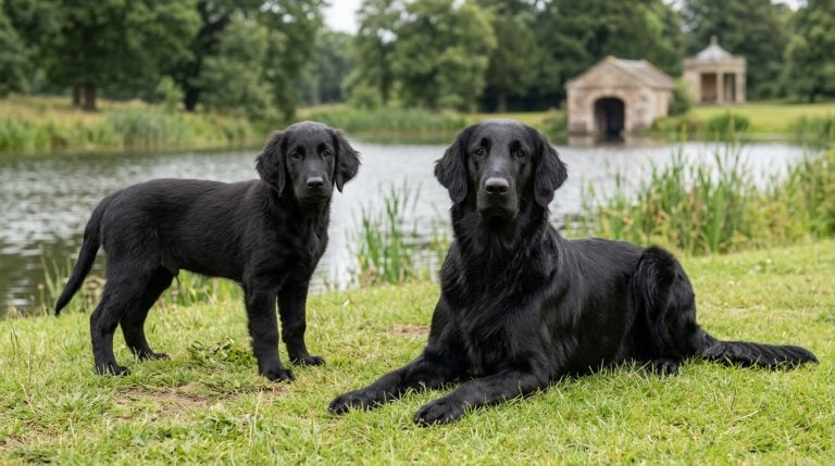 Adult black Flat-Coated Retriever reclining beside a young puppy on the bank of an English estate lake.