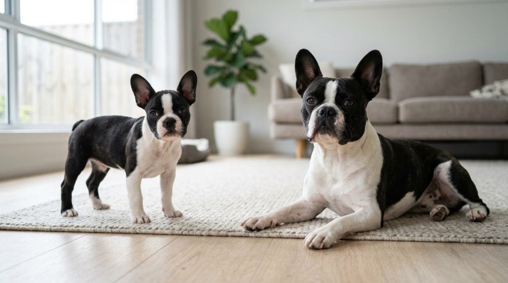 Adult black-and-white Frenchton reclining beside a standing young puppy in a bright modern living room.