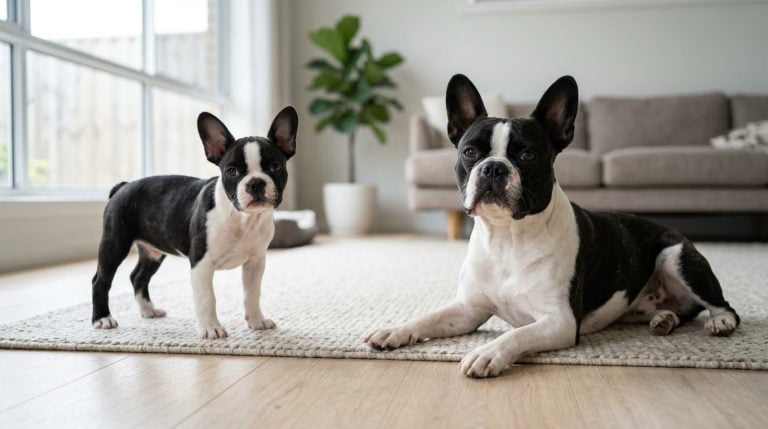 Adult black-and-white Frenchton reclining beside a standing young puppy in a bright modern living room.