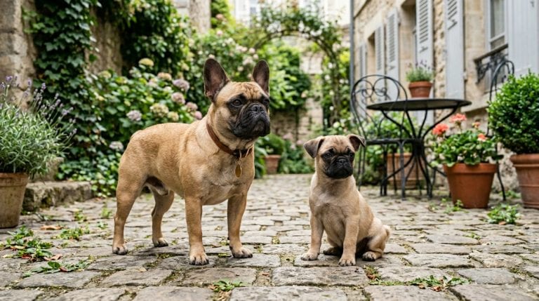 Adult Frug dog with a Frug puppy together in a charming European-style courtyard garden.