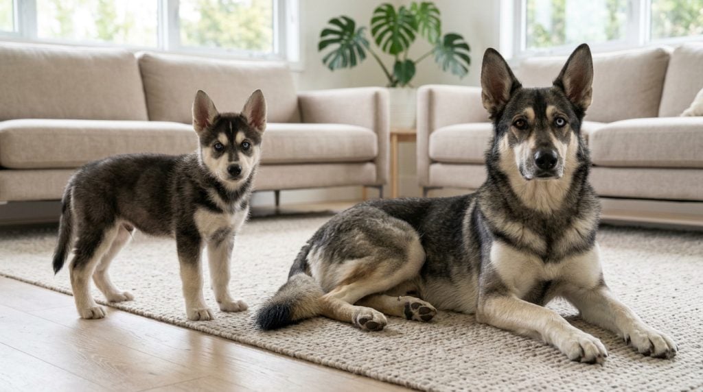 Adult grey and cream Gerberian Shepsky reclining beside a standing young puppy in a bright modern living room.