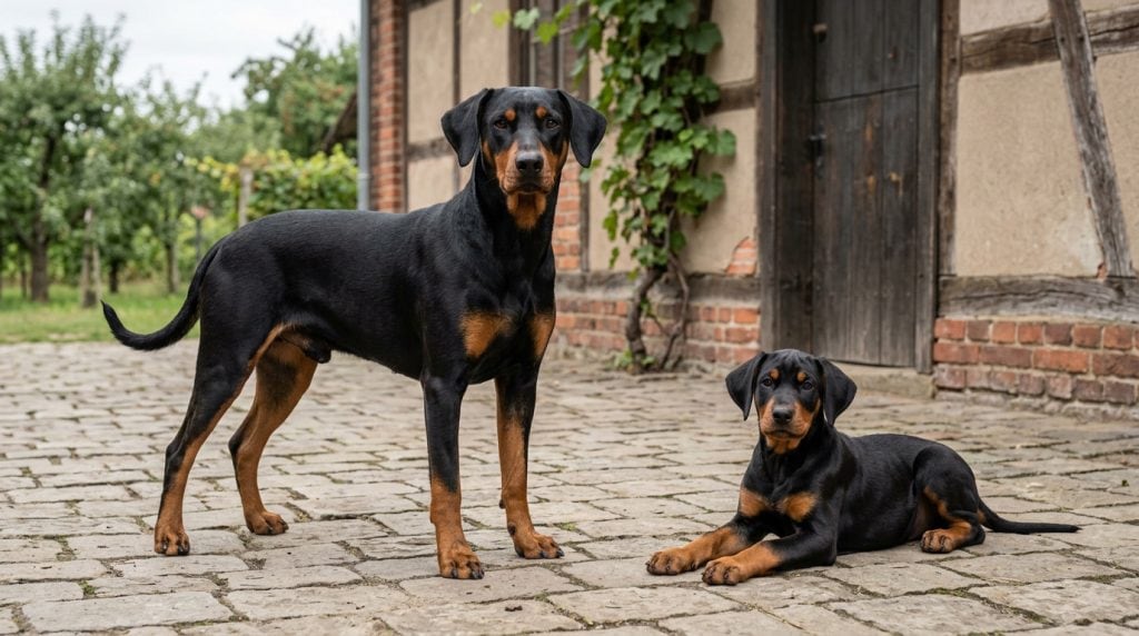 Adult German Pinscher standing beside a young black-and-tan puppy in a traditional German courtyard.