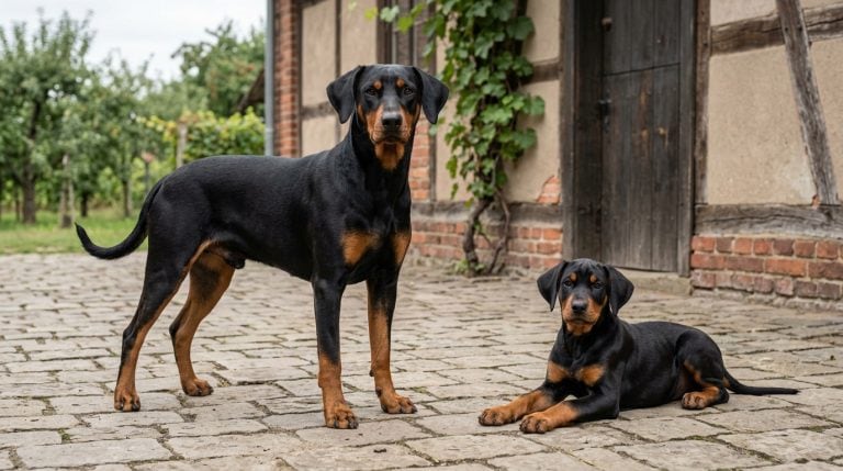 Adult German Pinscher standing beside a young black-and-tan puppy in a traditional German courtyard.