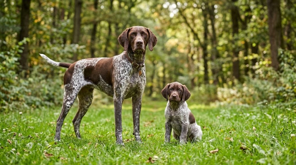 Adult German Shorthaired Pointer standing in a forest clearing beside a GSP puppy.