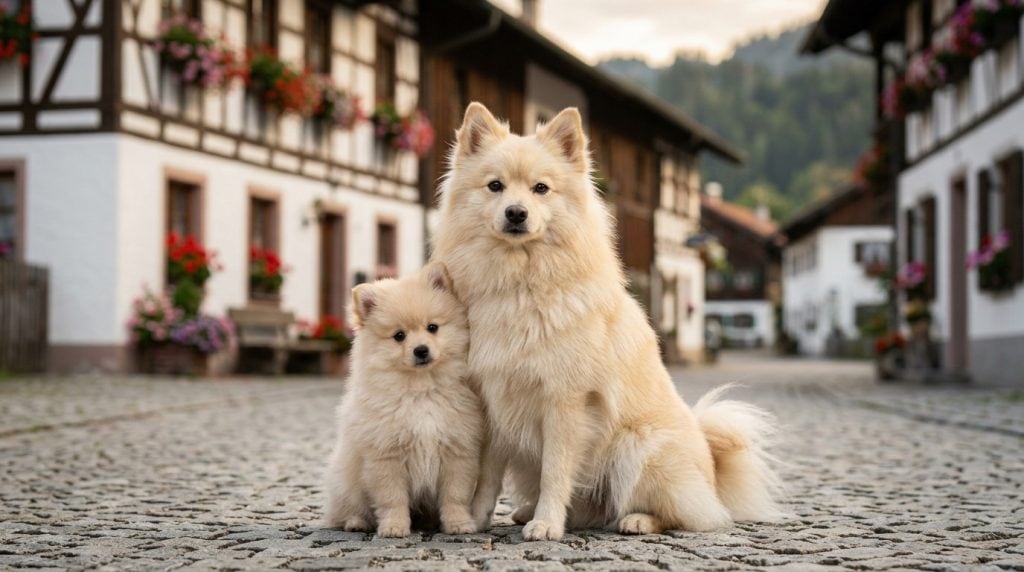 Adult German Spitz and puppy sitting centered on a cobblestone street in a traditional German village, showing the breed’s fluffy cream double coat, fox-like face, pointed upright ears, curled plumed tail, and bright alert expression with charming timber-frame houses in the background.