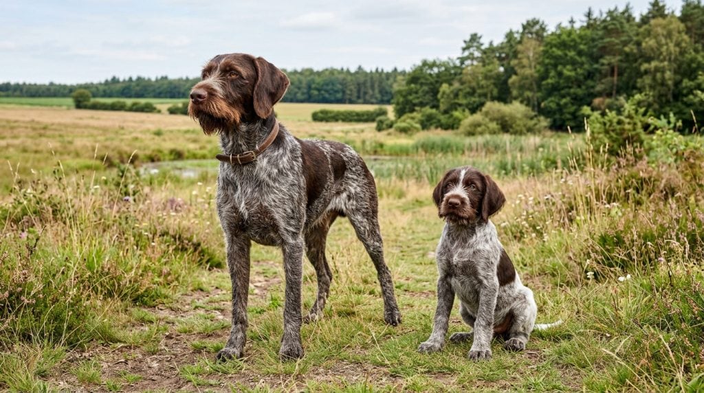 Adult German Wirehaired Pointer with a German Wirehaired Pointer puppy standing in open countryside near wetland terrain.