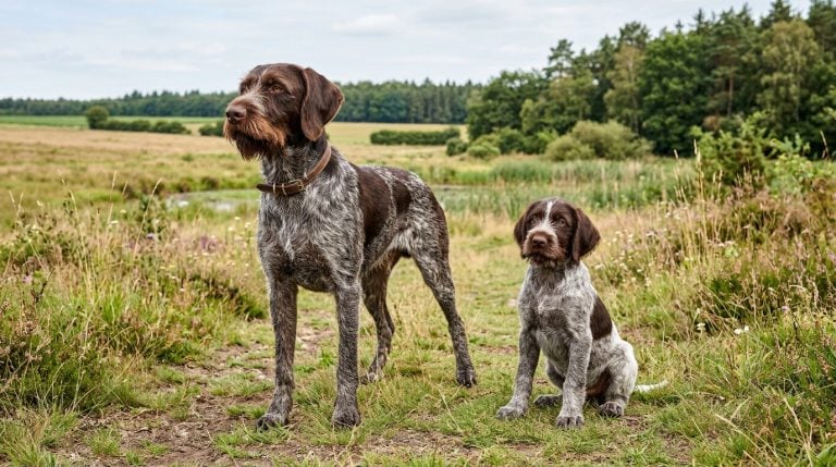 Adult German Wirehaired Pointer with a German Wirehaired Pointer puppy standing in open countryside near wetland terrain.