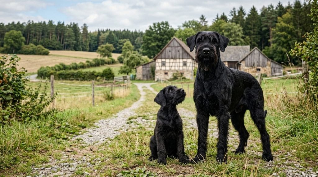 Adult Giant Schnauzer with a Giant Schnauzer puppy standing on a rural farm track in the German countryside.