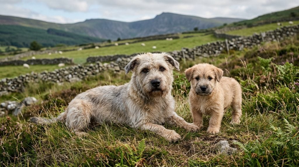 Adult Glen of Imaal Terrier and Glen of Imaal Terrier puppy in the Irish countryside with traditional stone walls, rolling green hills, and natural rough-coated terrier features.