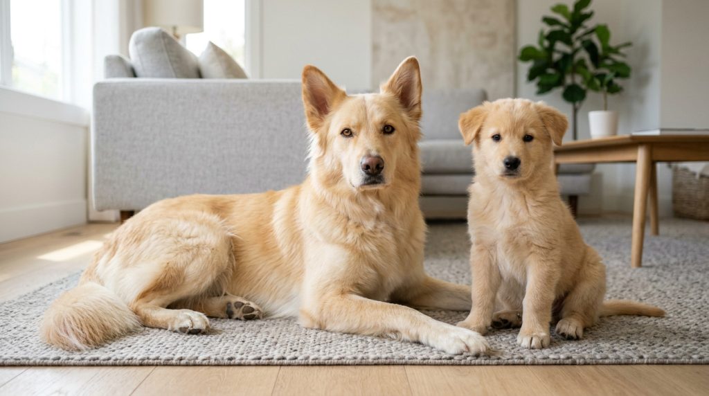 Adult golden Goberian reclining beside a seated young puppy in a bright modern living room.