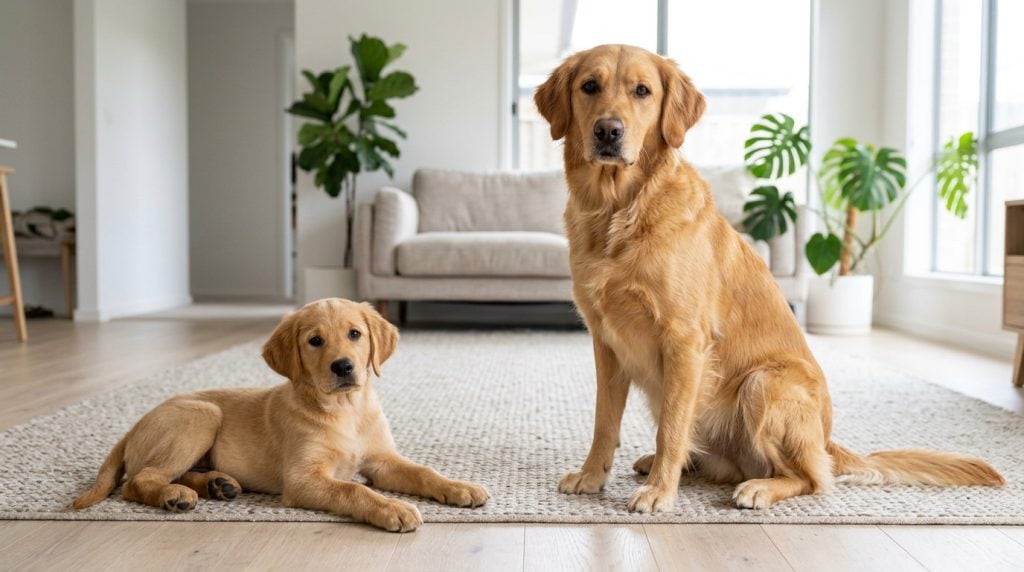 Adult golden Goldador sitting beside a young Goldador puppy lying on a rug in a bright modern living room.