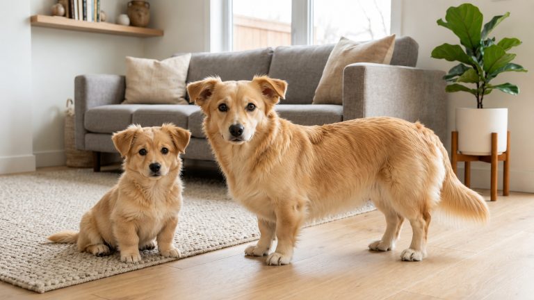 Adult golden Golden Corgi standing beside a seated young puppy in a bright modern living room.