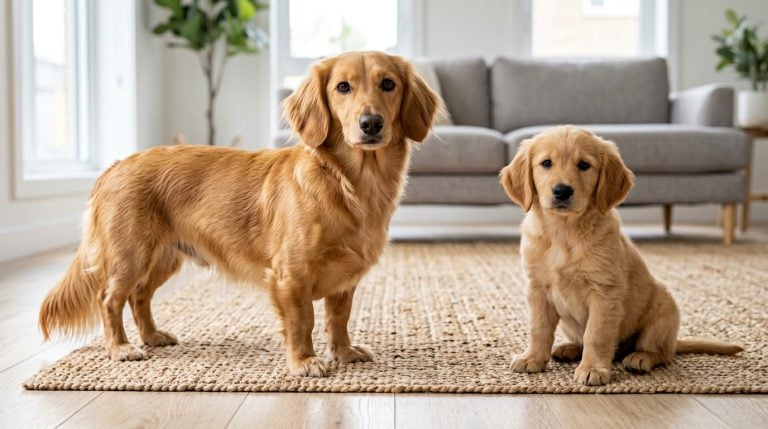 Adult golden Golden Dox standing beside a seated young puppy in a bright modern living room.
