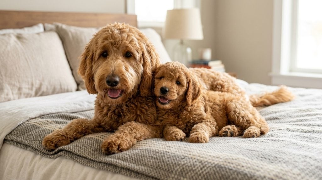 Adult Goldendoodle lying on a bed beside a Goldendoodle puppy, both with curly apricot coats and relaxed, friendly expressions.