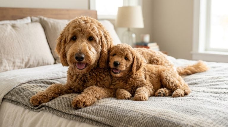Adult Goldendoodle lying on a bed beside a Goldendoodle puppy, both with curly apricot coats and relaxed, friendly expressions.