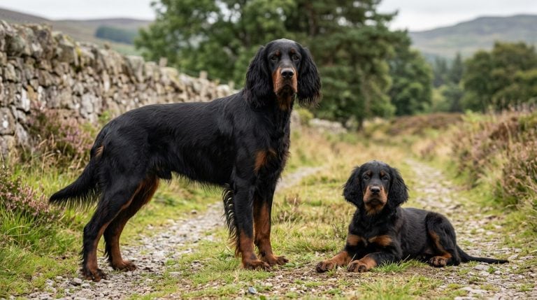 Adult black-and-tan Gordon Setter standing beside a young puppy on a Scottish moorland track.